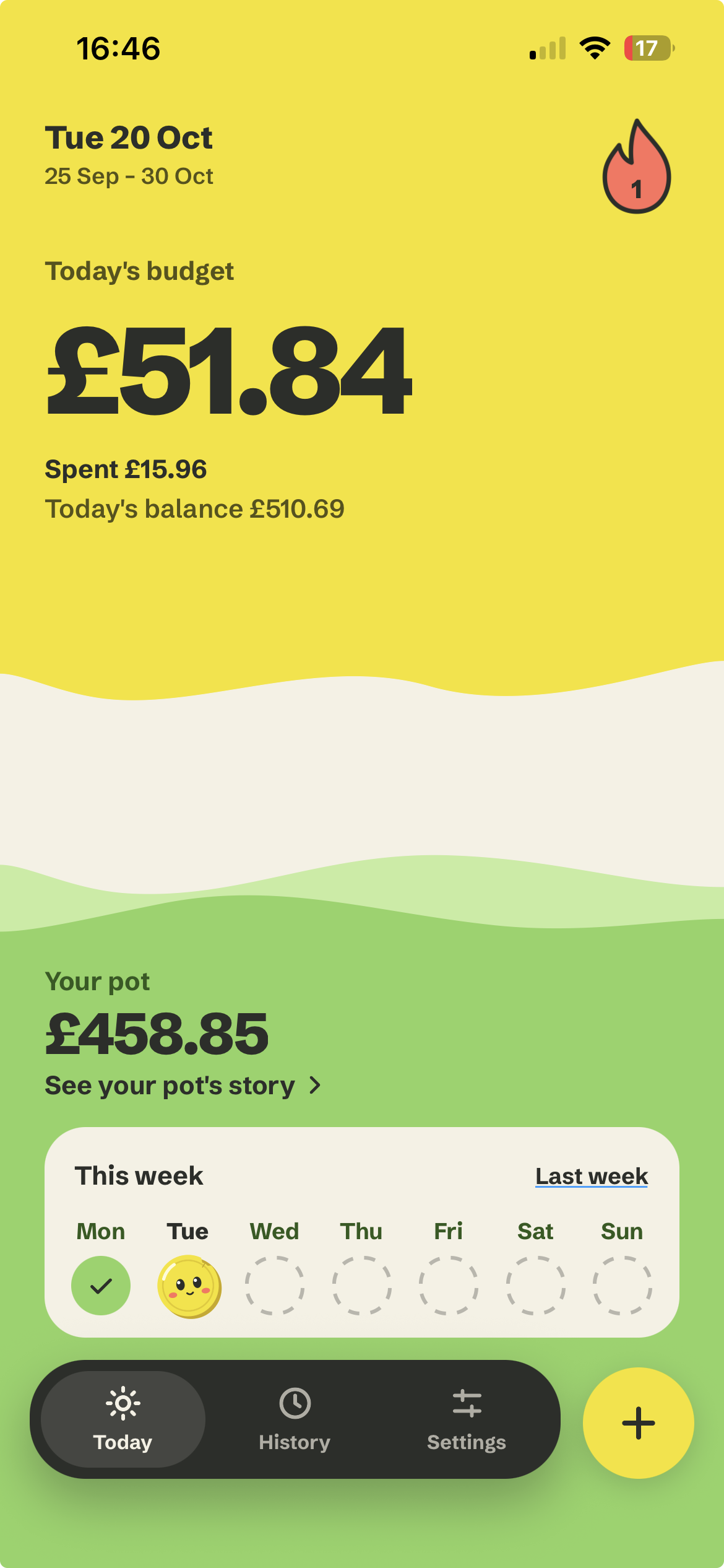 Rollo’s Today screen with a daily budget, savings pot, weekly progress and floating add button beside the bottom navigation.